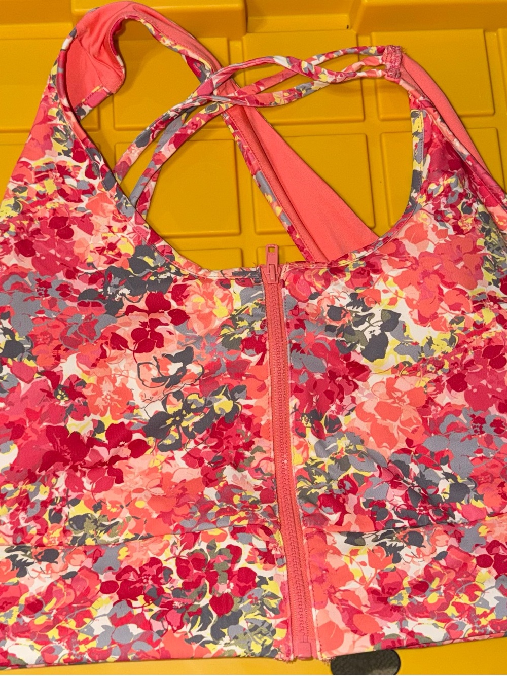 Active USA Coral Pink Floral Front-Zip Sports Bra